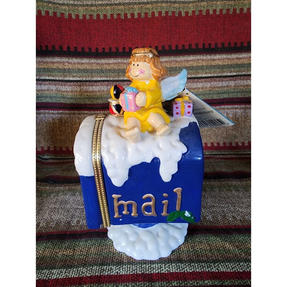 Ceramic Hinged Trinket‎ Box Mailbox with Gift Angel - Empty Candy Container